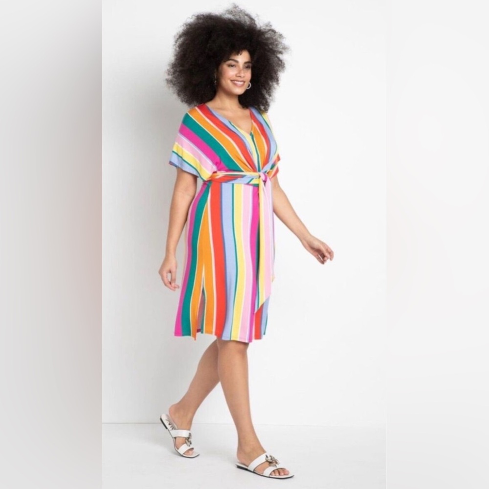 Multicolor Striped Dress, Knit, Faux wrap